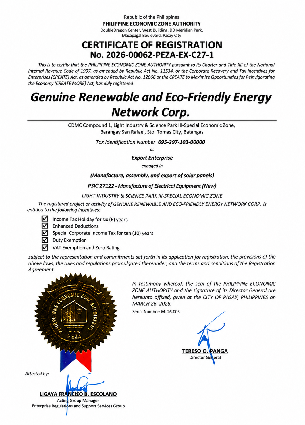 Enhanced display copy of GREENC’s PEZA certificate of registration